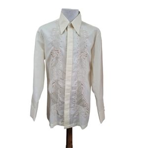 Men's Size XL Vtg Barong Tagalog Filipino Embroidered Dress Shirt Ivory/Cream